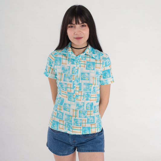 70s Checkered Abstract Print Shirt Pointed Collar White Blue Polo Small