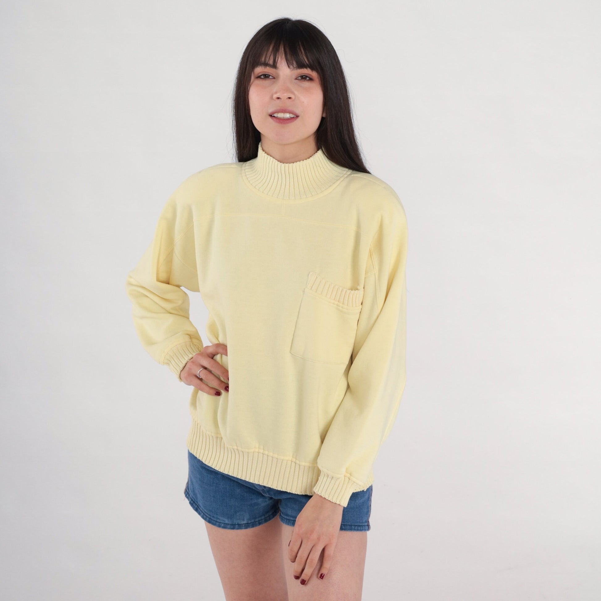 80s Pale Yellow Mockneck Sweatshirt Knit Trim Chest Pocket Medium