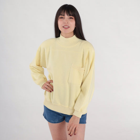 80s Pale Yellow Mockneck Sweatshirt Knit Trim Chest Pocket Medium