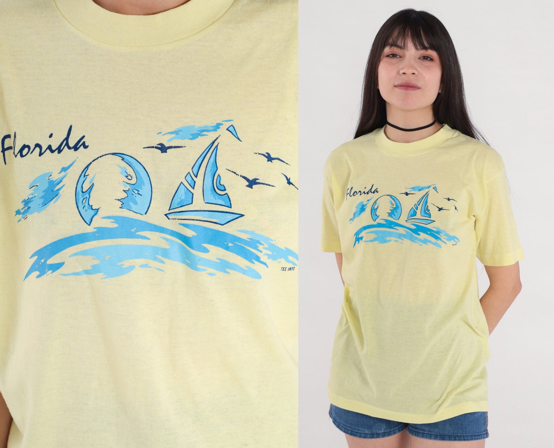 80s Florida Sailboat Graphic T-Shirt Yellow Single Stitch Tee Medium Large