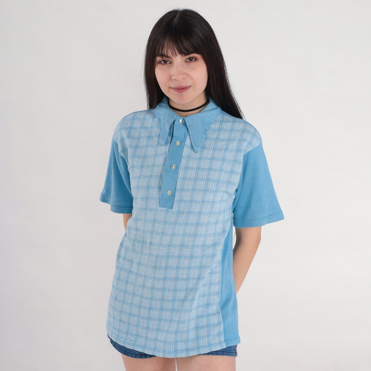70s Blue Checkered Polo Shirt Collared Short Sleeve Button Up Medium