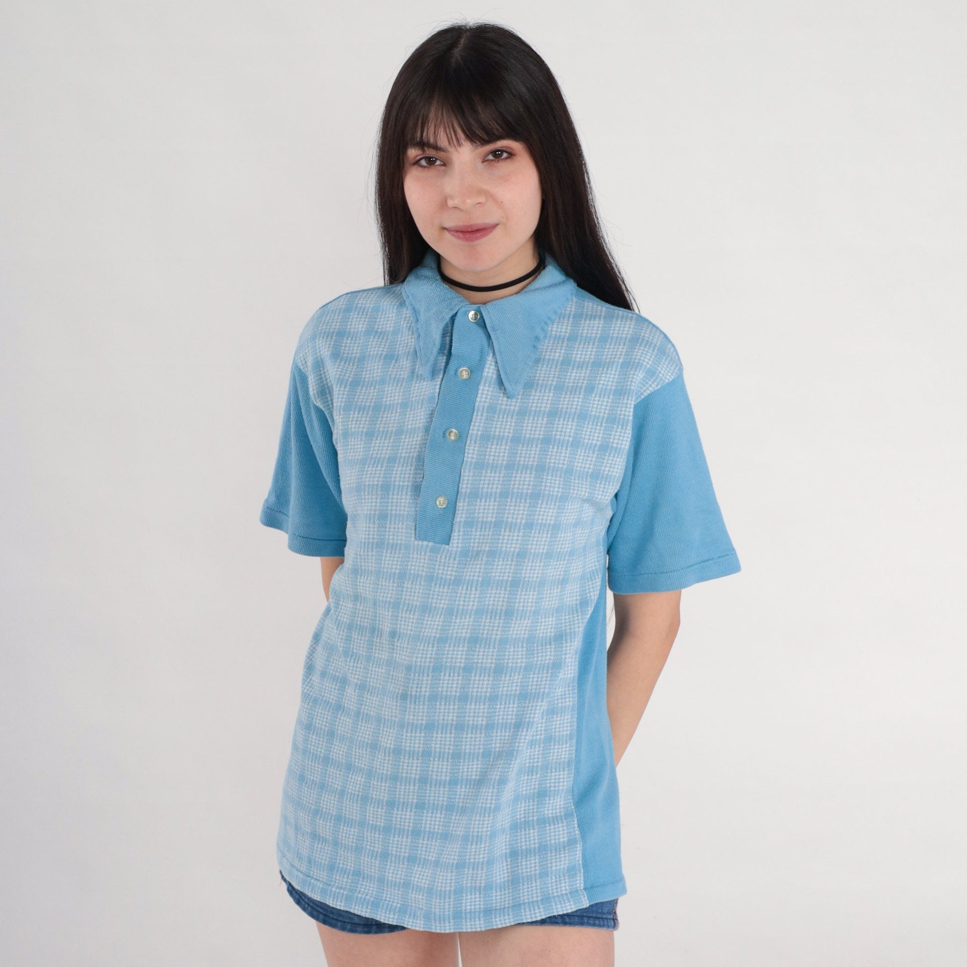 70s Blue Checkered Polo Shirt Collared Short Sleeve Button Up Medium