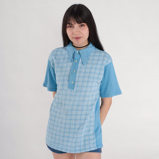 70s Blue Checkered Polo Shirt Collared Short Sleeve Button Up Medium