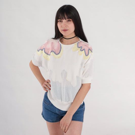 80s White Mesh Floral T-Shirt Pink Yellow Cutout Short Sleeve Medium