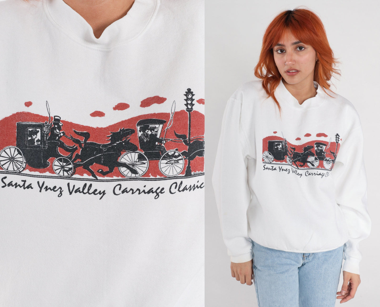 90s Santa Ynez Valley Carriage Classic Sweatshirt White Graphic Pullover Medium Large