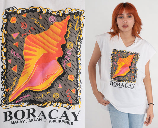 00s Boracay Philippines Seashell Graphic Tank Top White Large