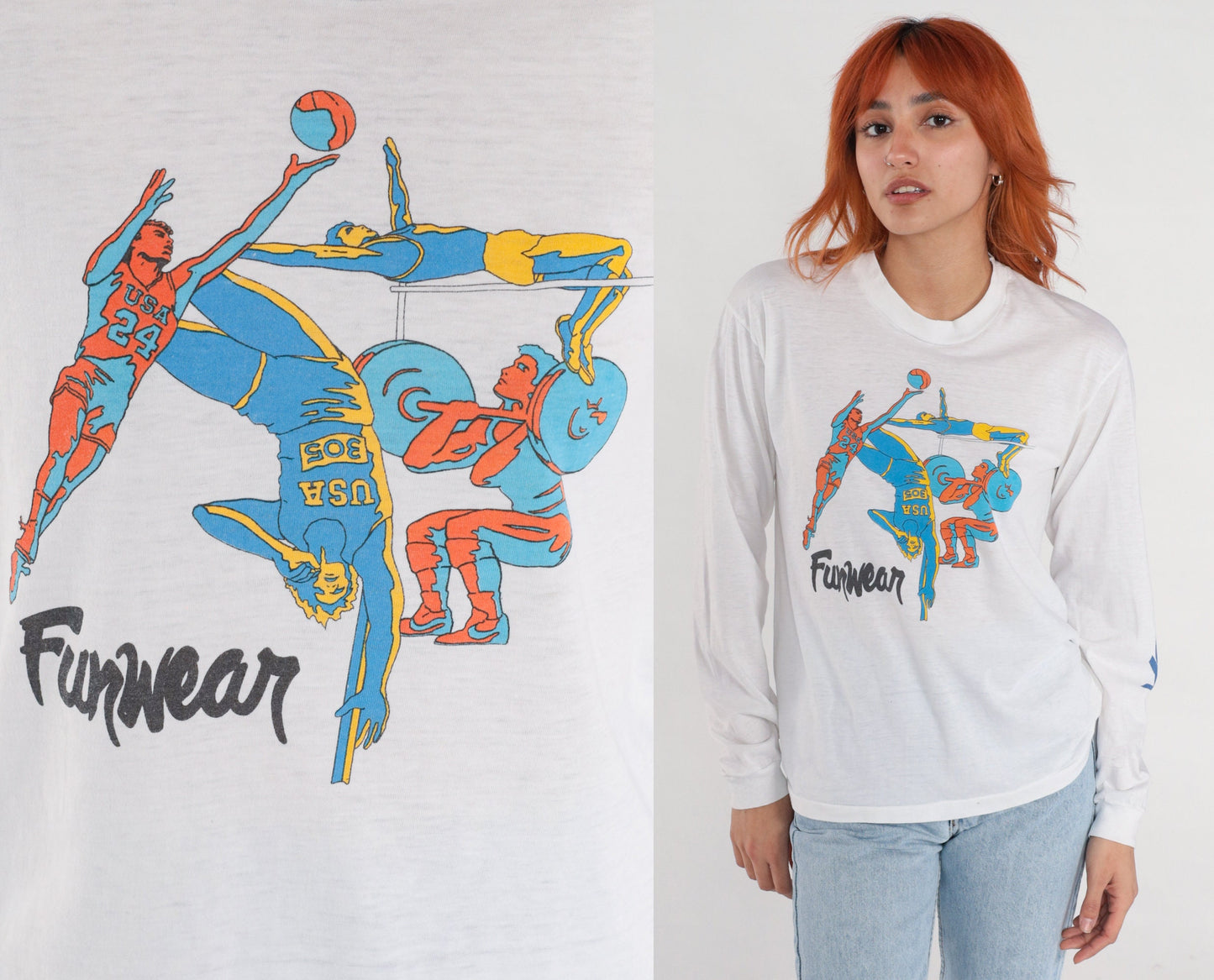 90s Funwear Sports Graphic Long Sleeve T-Shirt White Medium