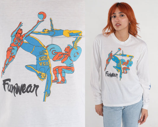 90s Funwear Sports Graphic Long Sleeve T-Shirt White Medium