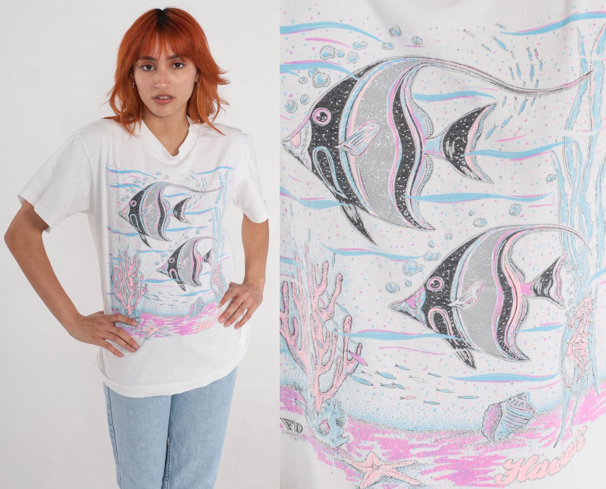 90s Hawaii Tropical Fish Graphic T-Shirt Silver Glitter Medium