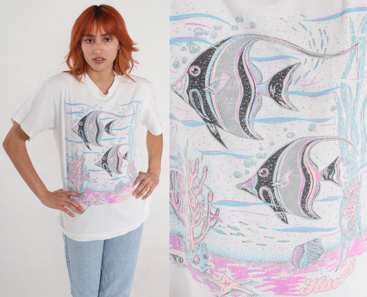 90s Hawaii Tropical Fish Graphic T-Shirt Silver Glitter Medium