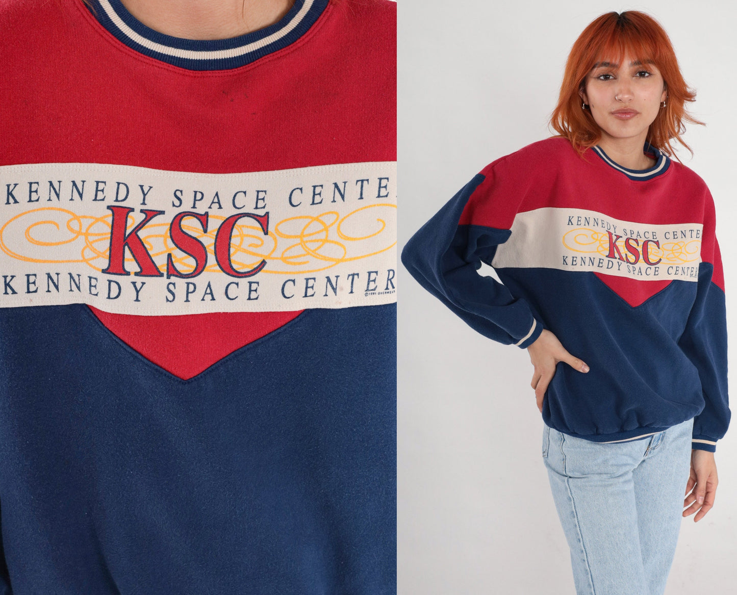 90s Kennedy Space Center Astronaut Graphic Sweatshirt Navy Blue Red Large