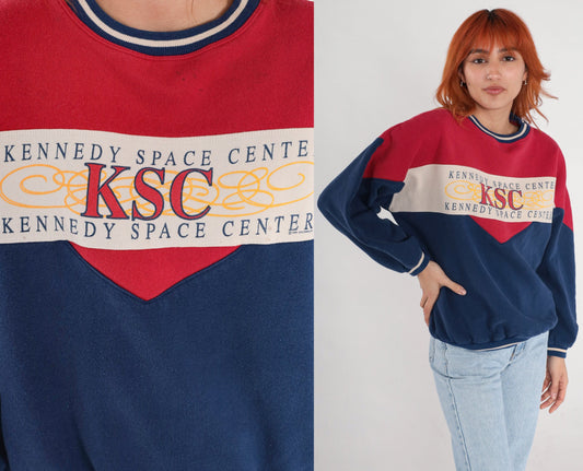 90s Kennedy Space Center Astronaut Graphic Sweatshirt Navy Blue Red Large