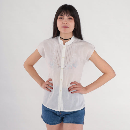 70s White Floral Embroidered Cutout Blouse Cap Sleeve Button Up Extra Small