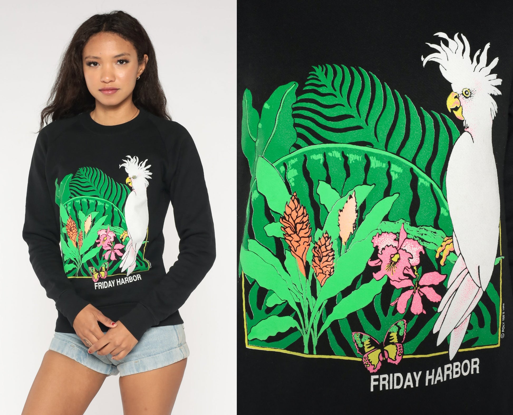 90s Friday Harbor Cockatoo Tropical Raglan Sweatshirt Black Graphic Extra Small
