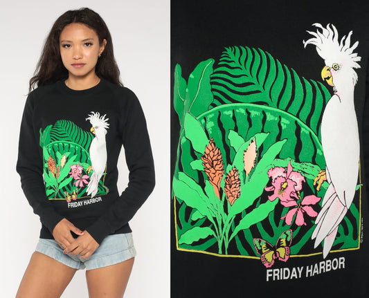 90s Friday Harbor Cockatoo Tropical Raglan Sweatshirt Black Graphic Extra Small