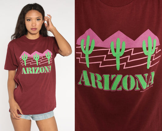 80s Arizona Saguaro Cactus Graphic T-Shirt Burgundy Single Stitch Medium