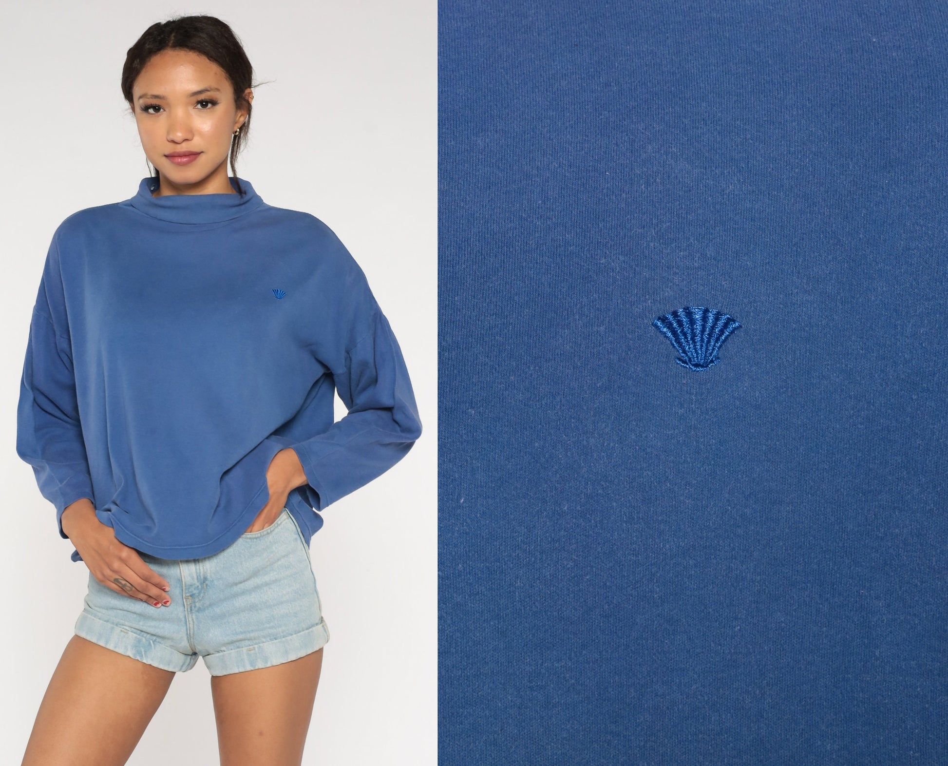 90s Blue Turtleneck Long Sleeve Shirt Seashell Embroidered Extra Large