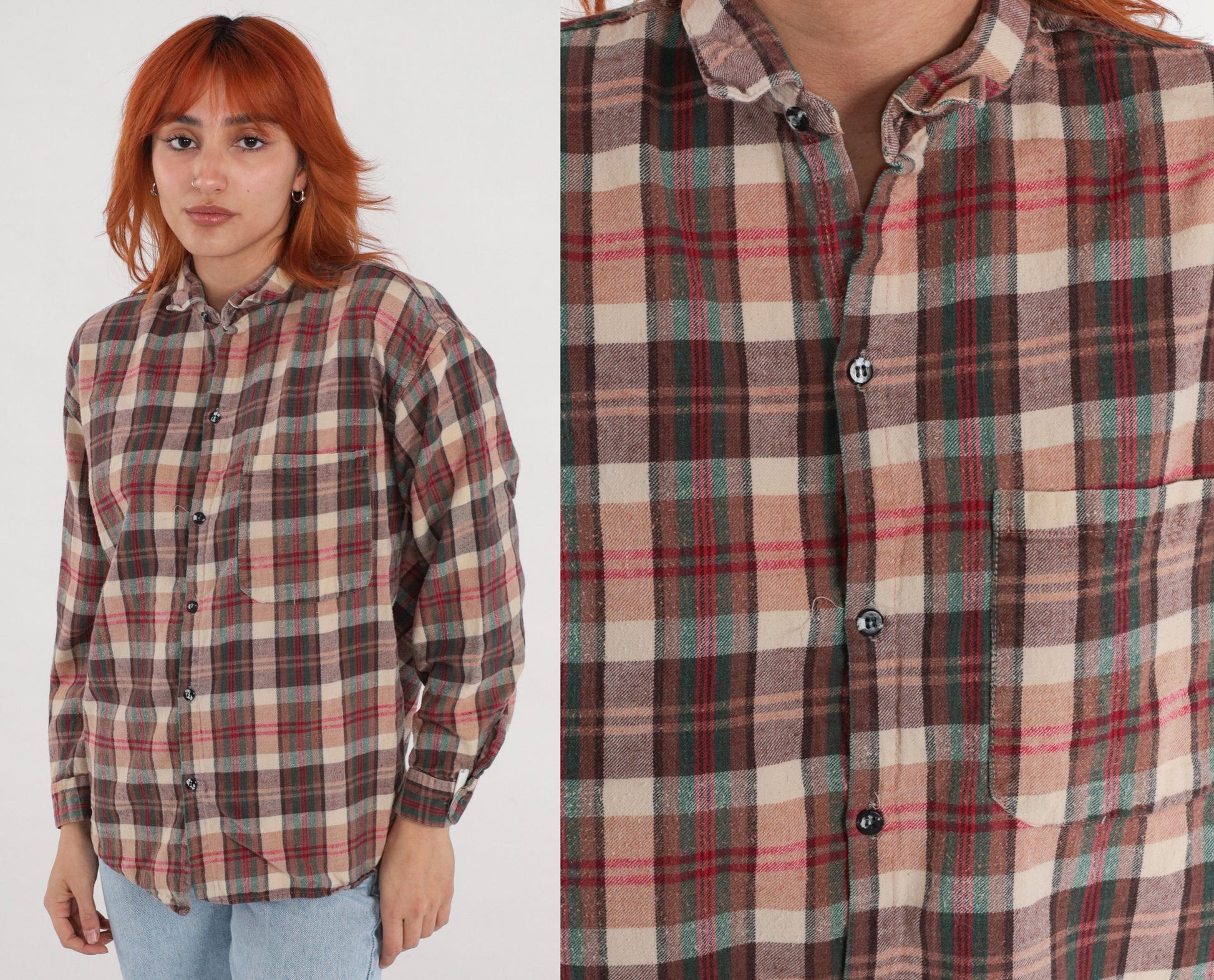 90s Brown Plaid Button-Up Shirt Long Sleeve Checkered Flannel Large L