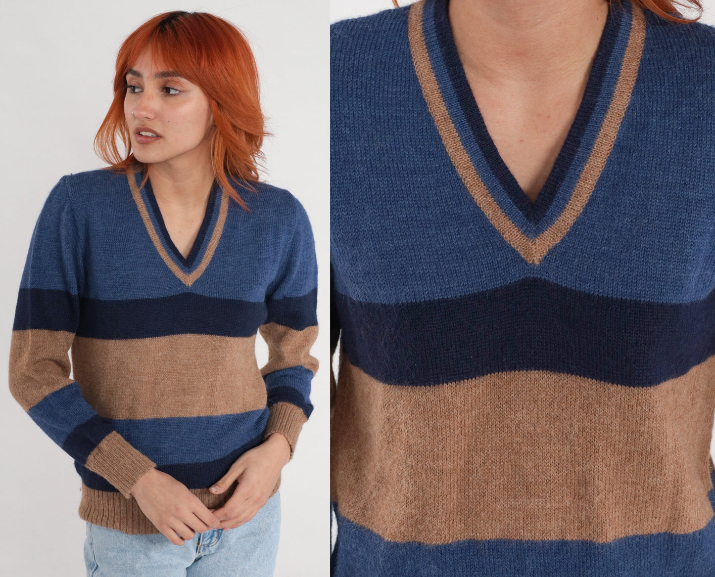 90s Alpaca Wool V-Neck Sweater Tan Blue Striped Pullover Small S