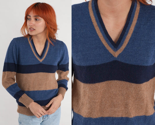 90s Alpaca Wool V-Neck Sweater Tan Blue Striped Pullover Small S