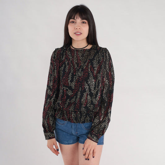 80s Metallic Blouse Black Silver Red Abstract Puff Sleeve Small