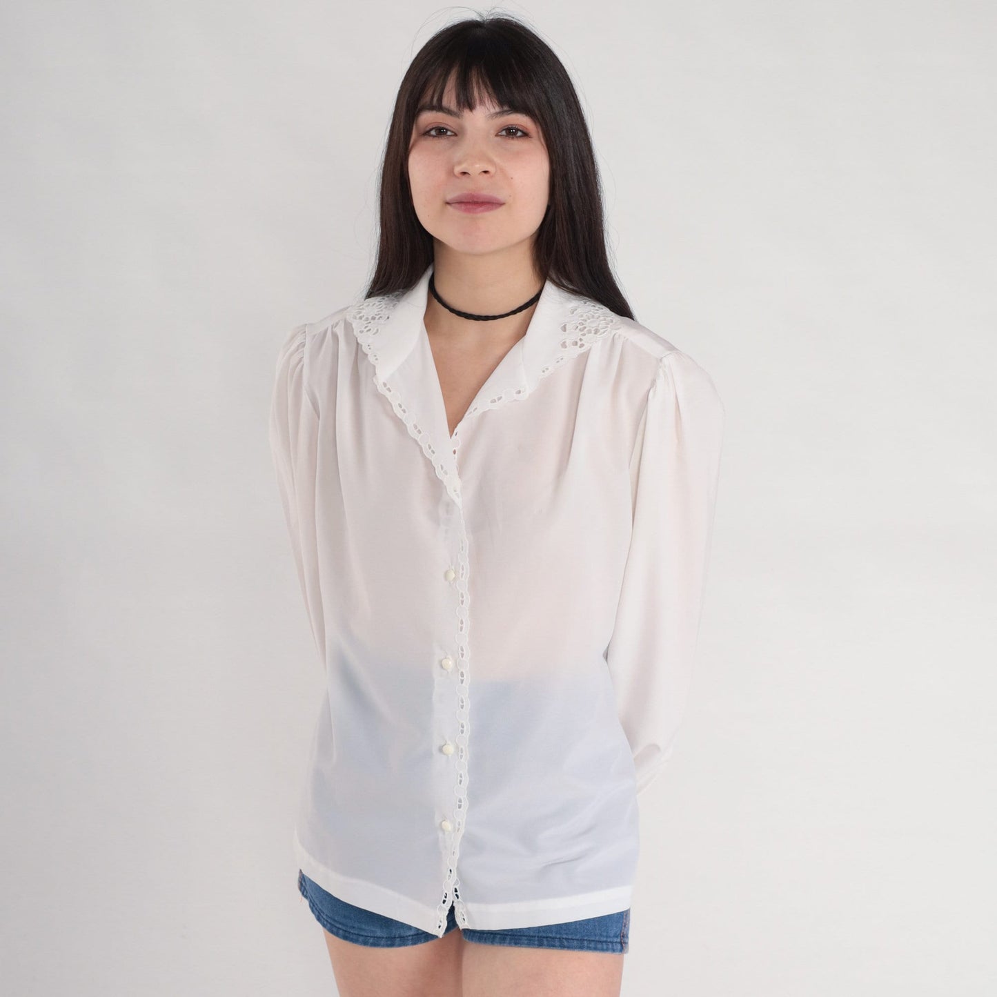 80s White Eyelet Button-Up Blouse Puff Sleeve Lace Trim Large L