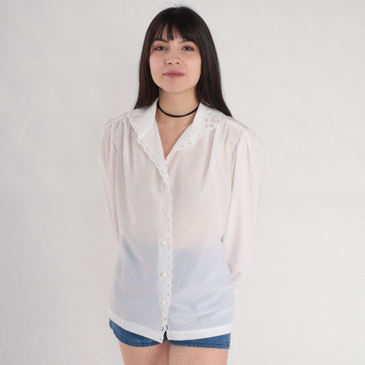 80s White Eyelet Button-Up Blouse Puff Sleeve Lace Trim Large L