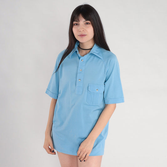 70s Blue Polo Shirt Half Button Raglan Sleeve Collared Top Medium