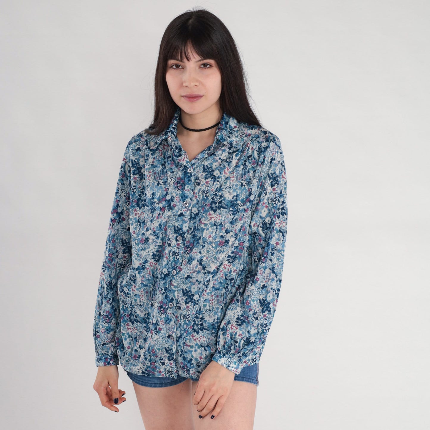 70s Blue Floral Button-Up Blouse Long Sleeve Collared Shirt Medium M