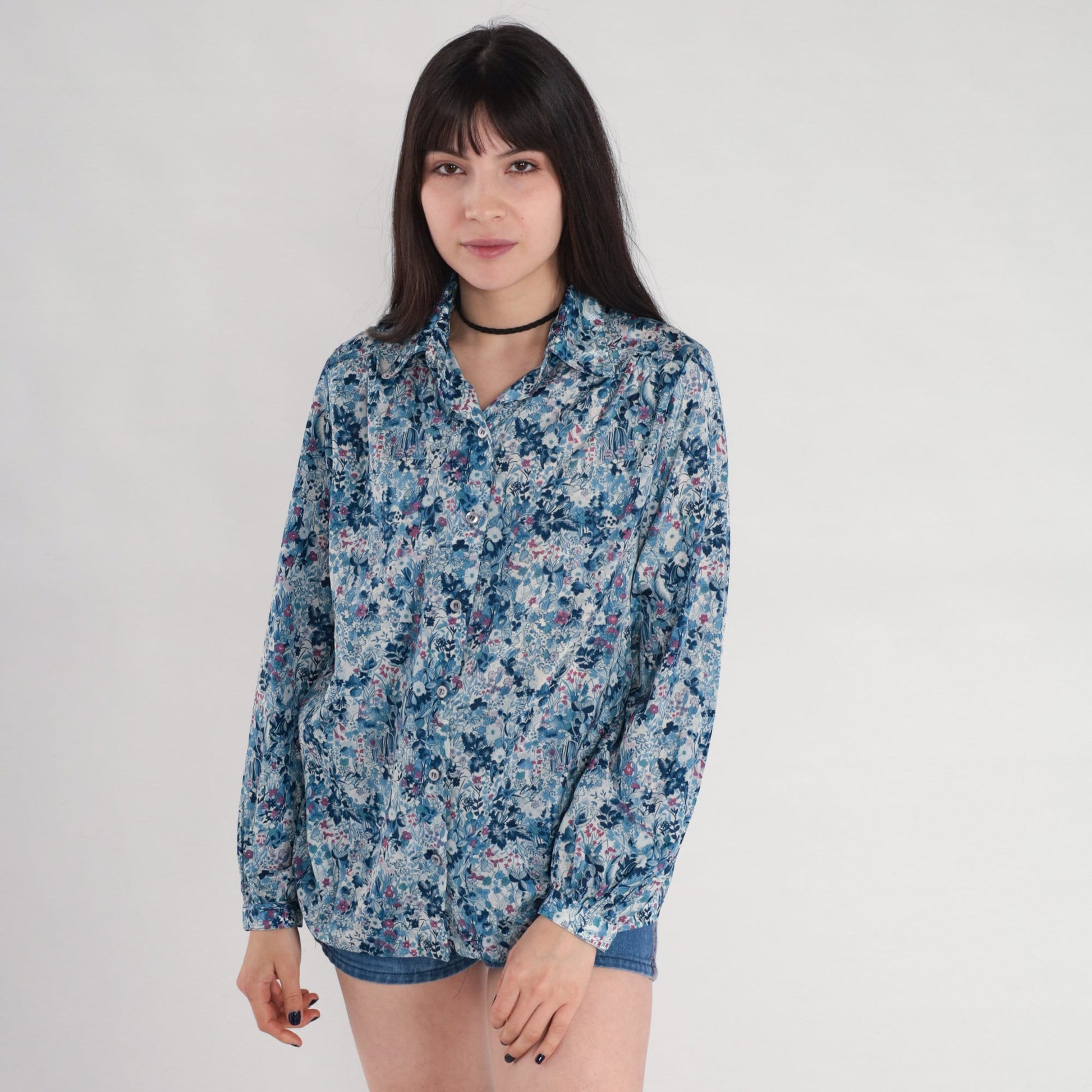 70s Blue Floral Button-Up Blouse Long Sleeve Collared Shirt Medium M