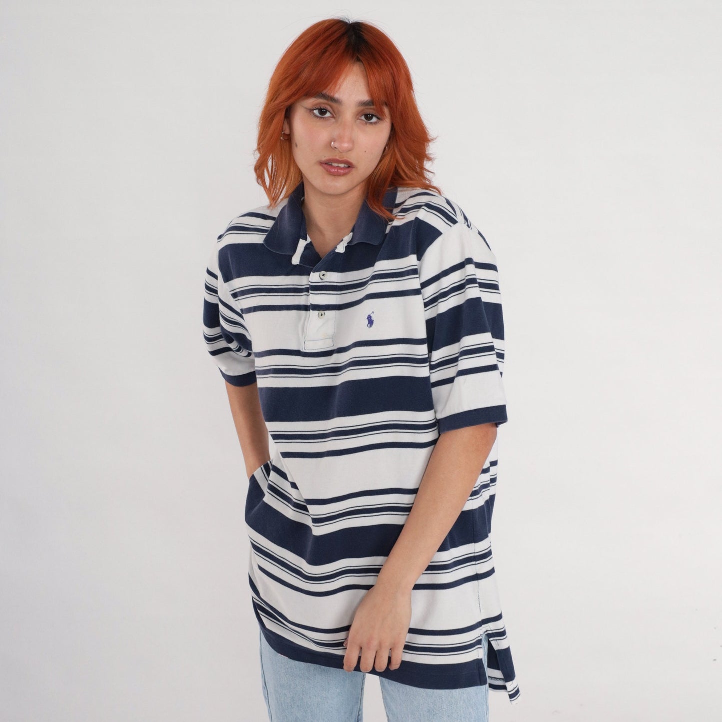90s Polo Golf Ralph Lauren Striped Quarter-Button Shirt White Navy Men's Large