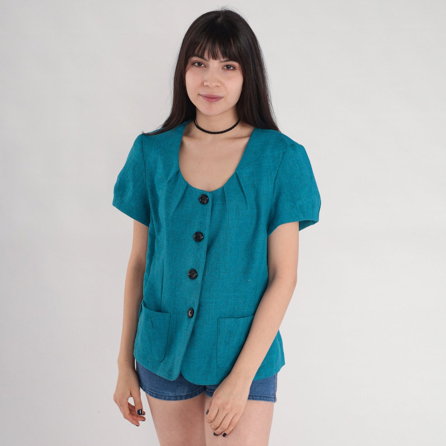 90s Blue Puff Sleeve Button-Up Blouse Secretary Top Medium