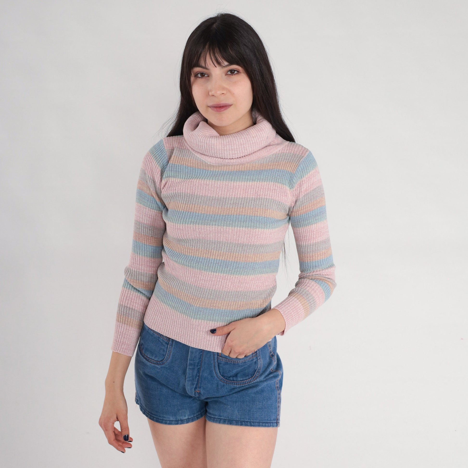 80s Sparkly Striped Ribbed Knit Turtleneck Sweater Pastel Pink Blue Orange Small