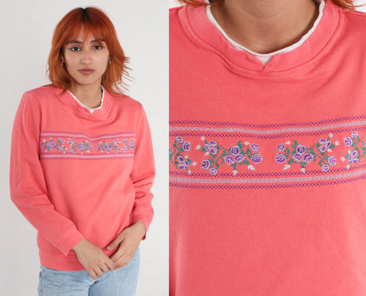 90s Salmon Pink Floral Embroidered Sweatshirt Double Collar Medium