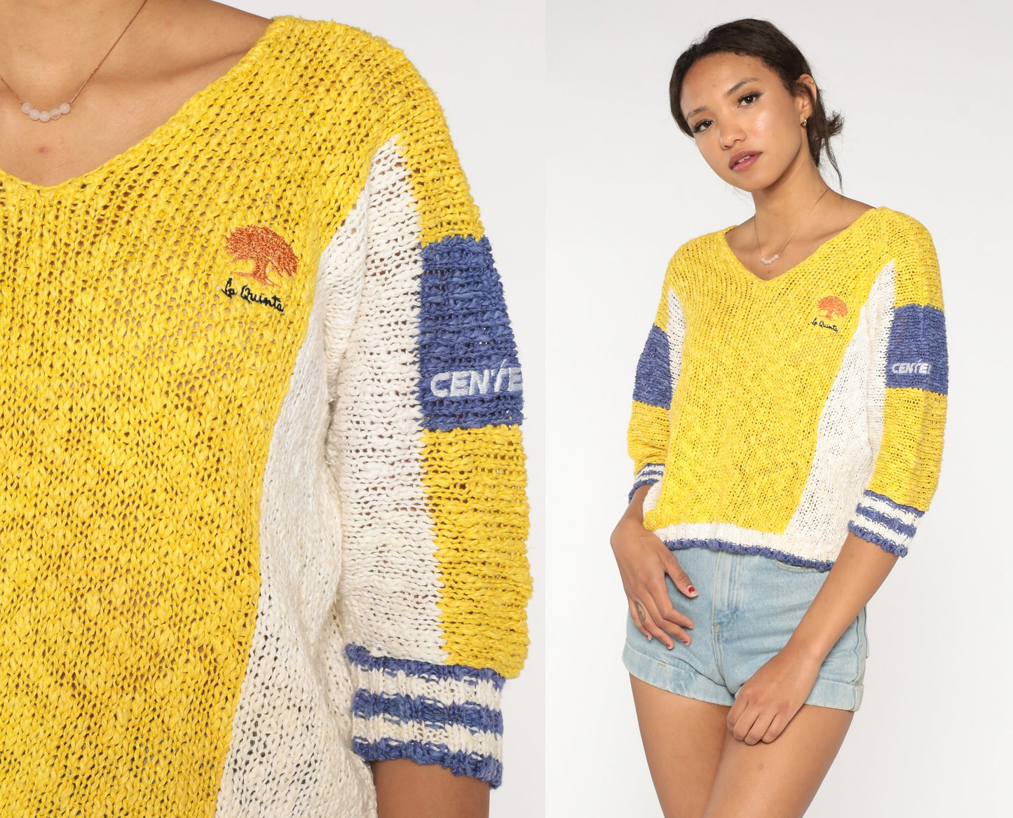 80s La Quinta Color Block Sweater Yellow Purple Cropped Knit Medium