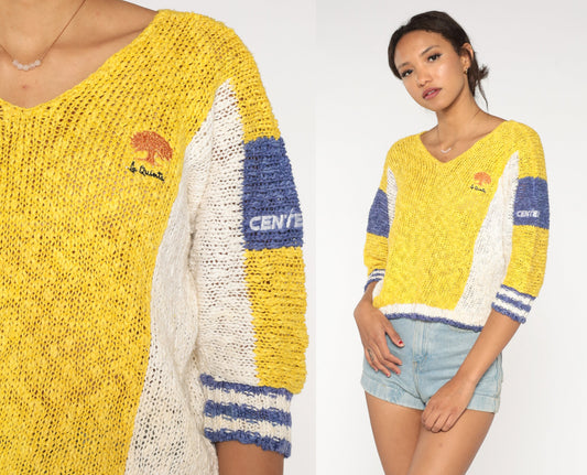 80s La Quinta Color Block Sweater Yellow Purple Cropped Knit Medium