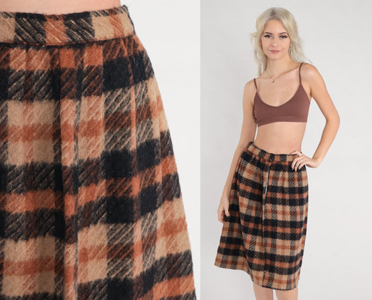 70s Brown Black Plaid Pleated Knee-Length Skirt High Waist Small