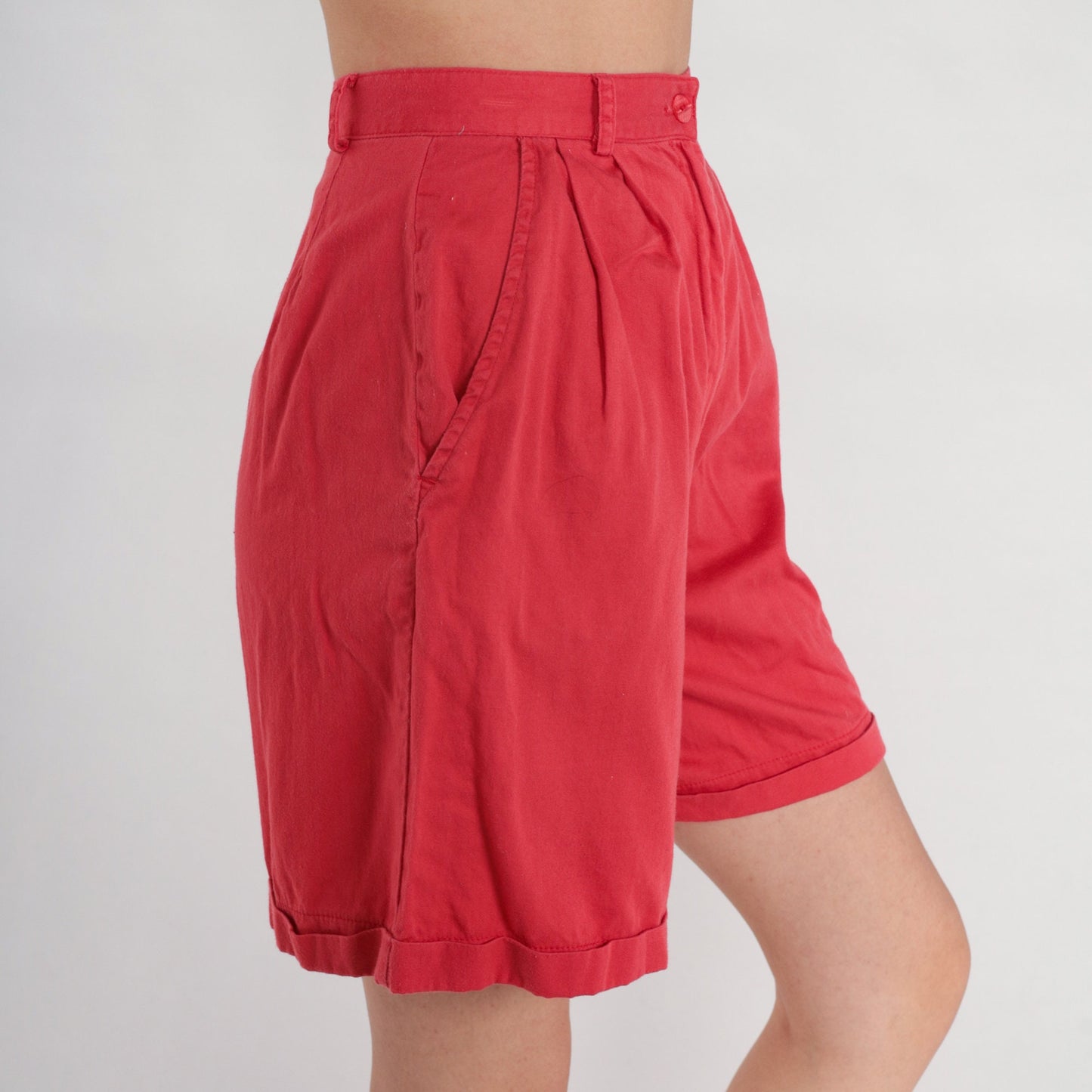 80s Red Pleated High-Waist Shorts Cotton Cuffed Extra Small XS