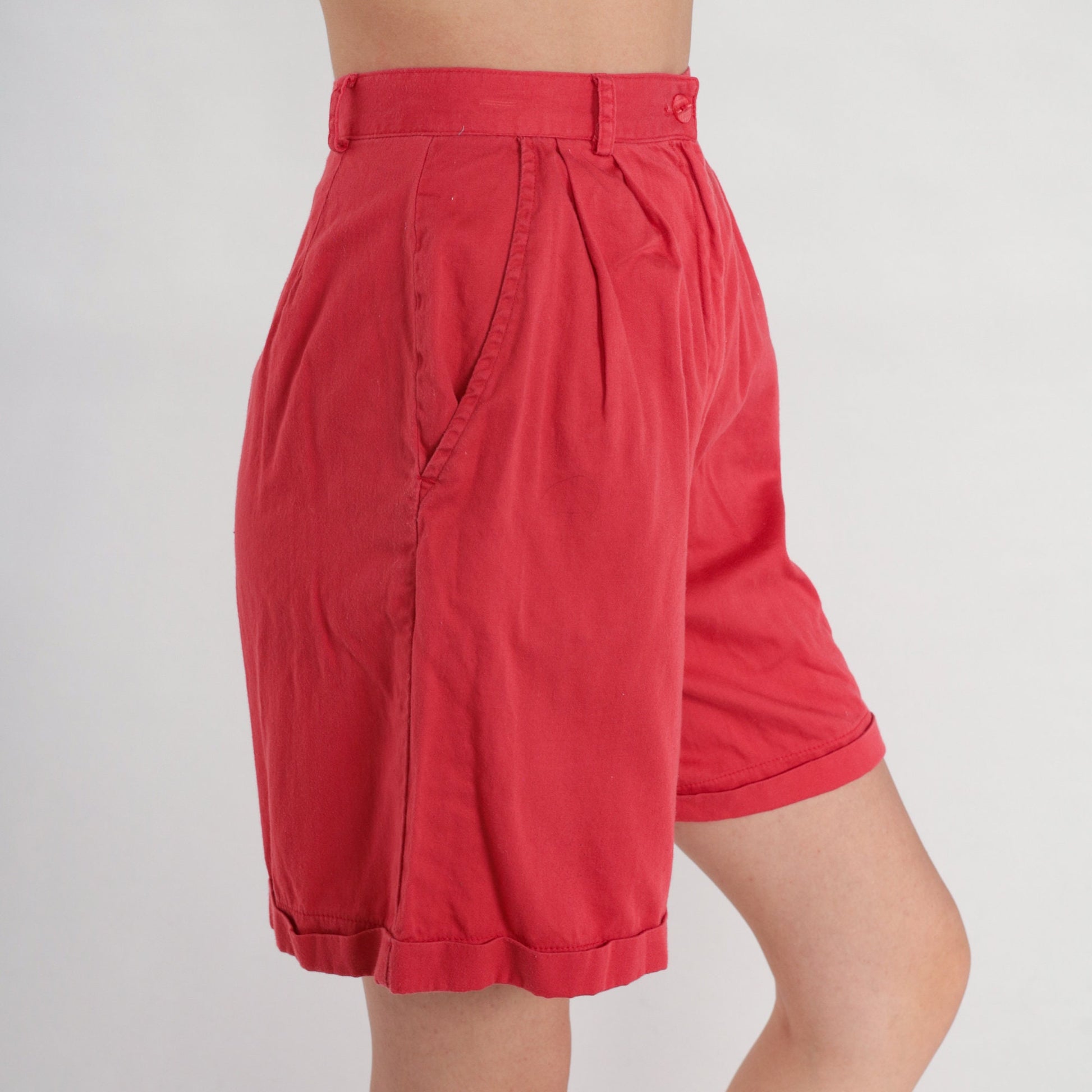 80s Red Pleated High-Waist Shorts Cotton Cuffed Extra Small XS