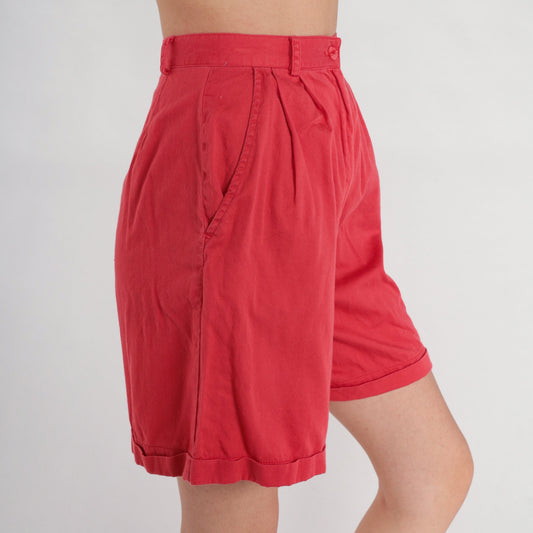 80s Red Pleated High-Waist Shorts Cotton Cuffed Extra Small XS