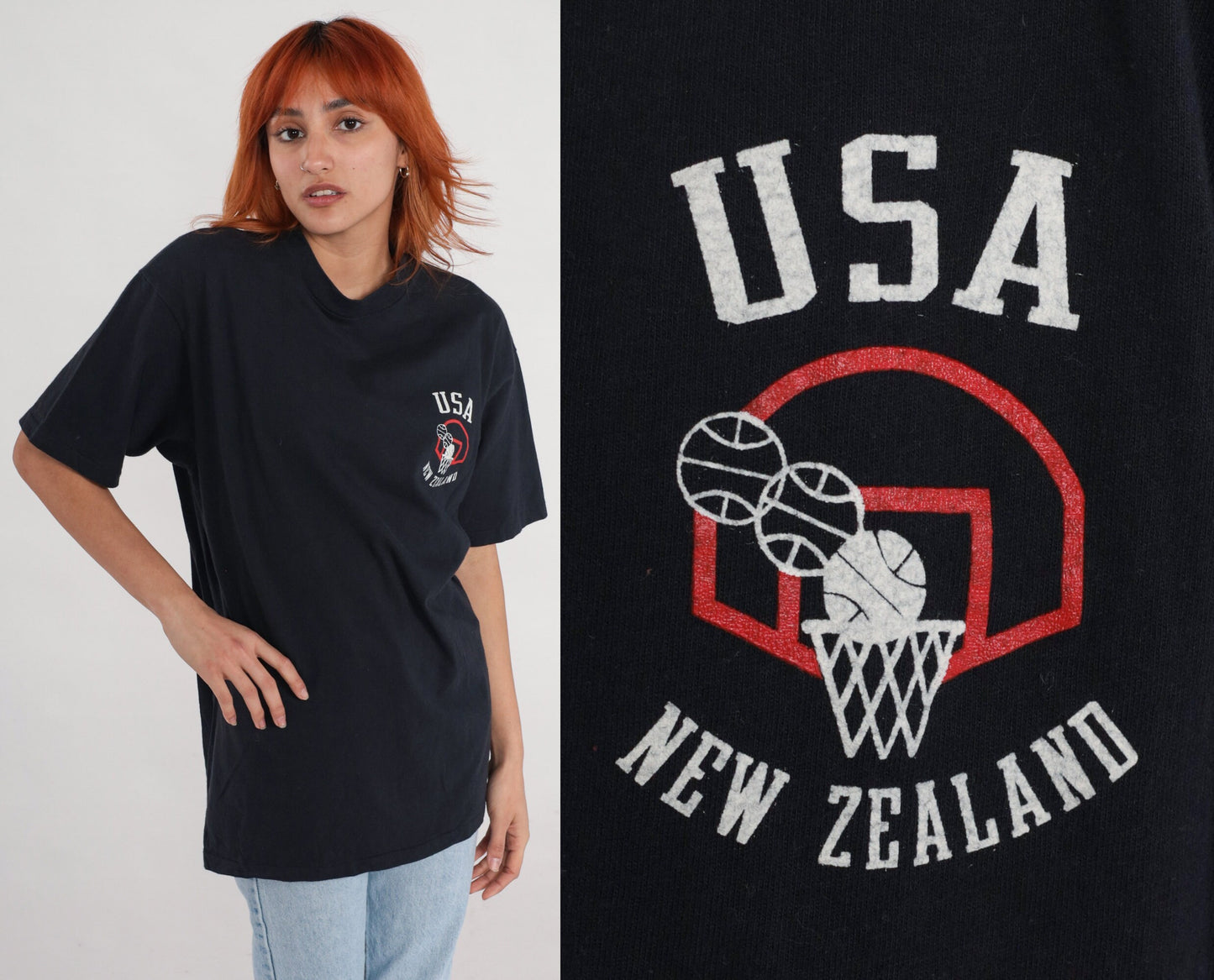 90s USA New Zealand Basketball Tournament Graphic T-Shirt Cotton Black Extra Large XL