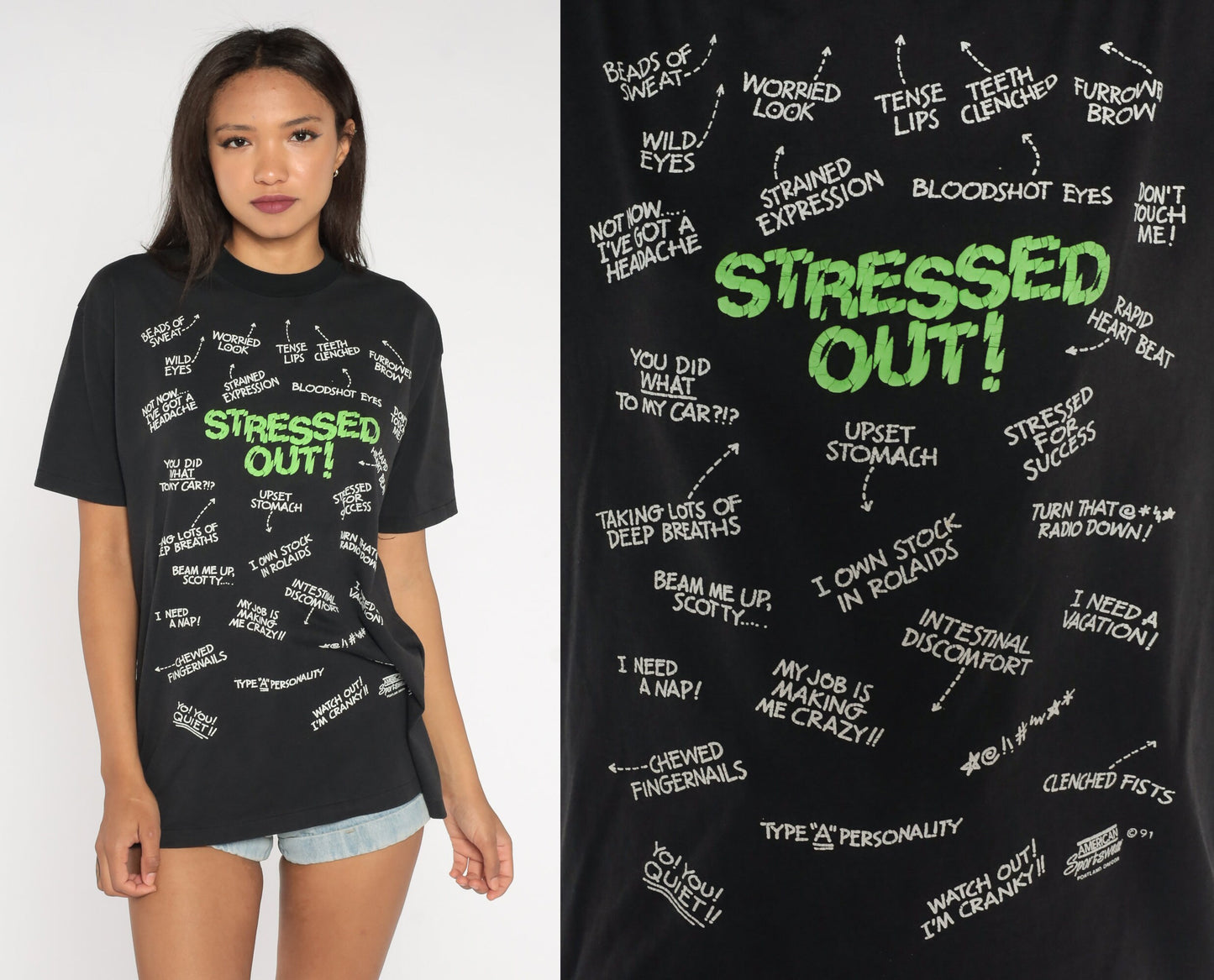 90s Stressed Out! Graphic T-Shirt Type A Personality Black Large