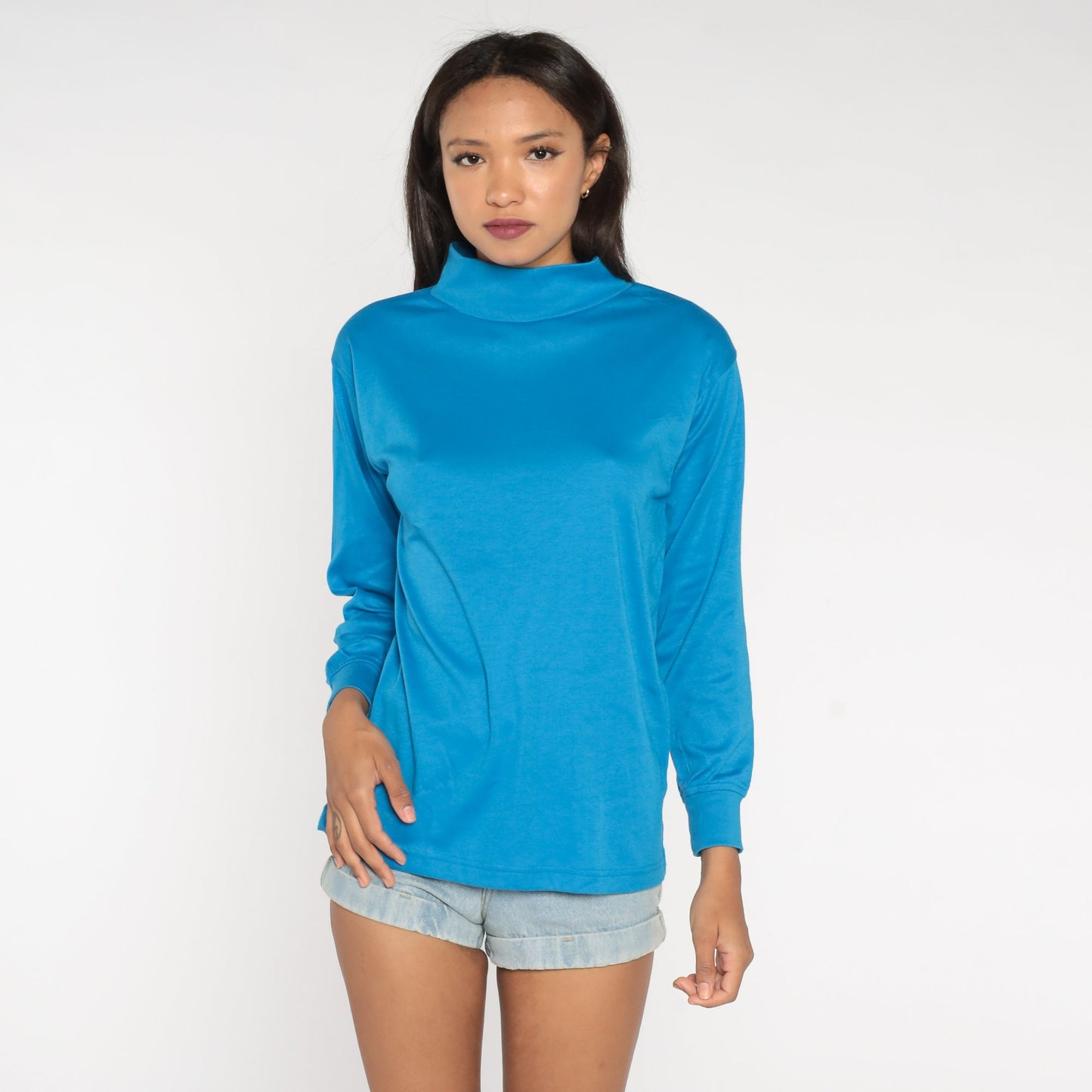 90s Blue Turtleneck Long Sleeve Pullover Cotton Blend Large L