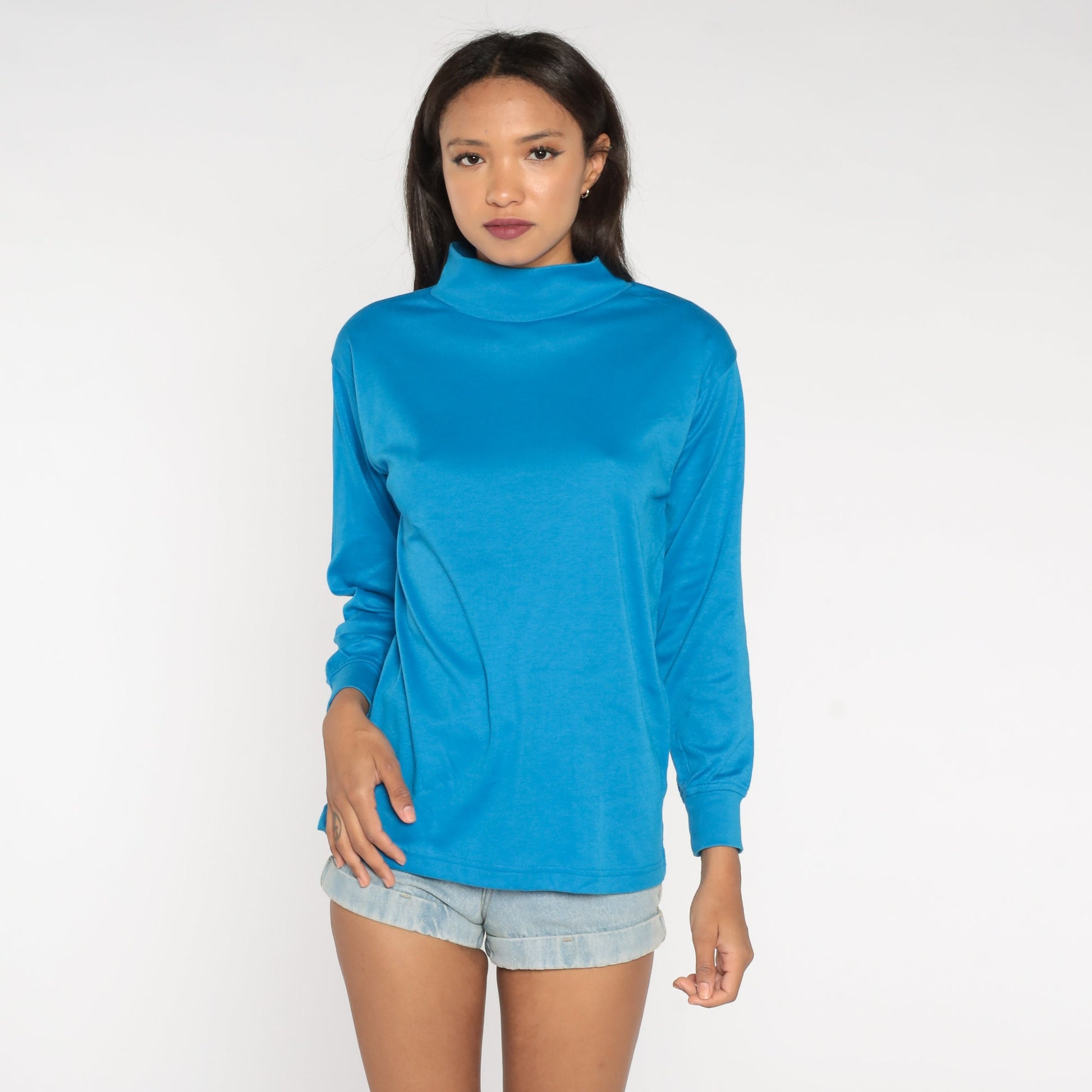 90s Blue Turtleneck Long Sleeve Pullover Cotton Blend Large L