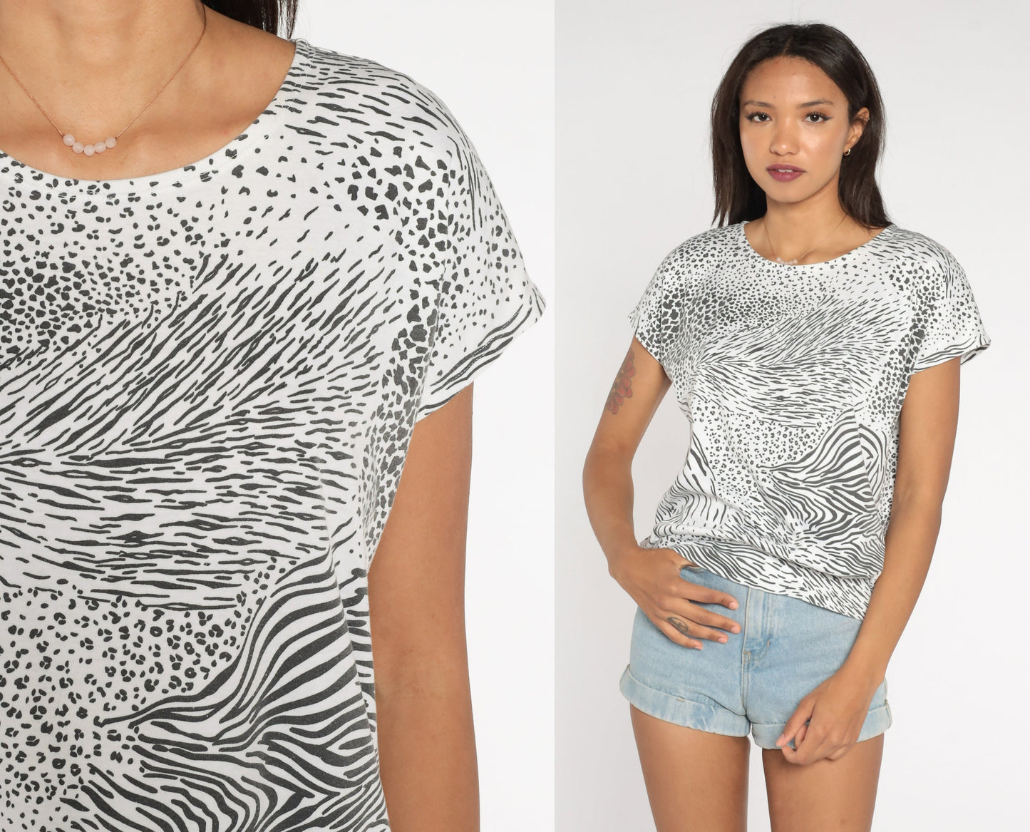 90s Animal Print T-Shirt Leopard Tiger Stripe Black White Cap Sleeve Large L