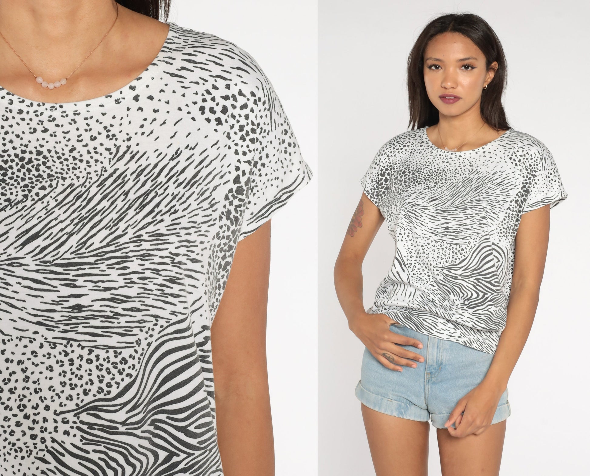 90s Animal Print T-Shirt Leopard Tiger Stripe Black White Cap Sleeve Large L