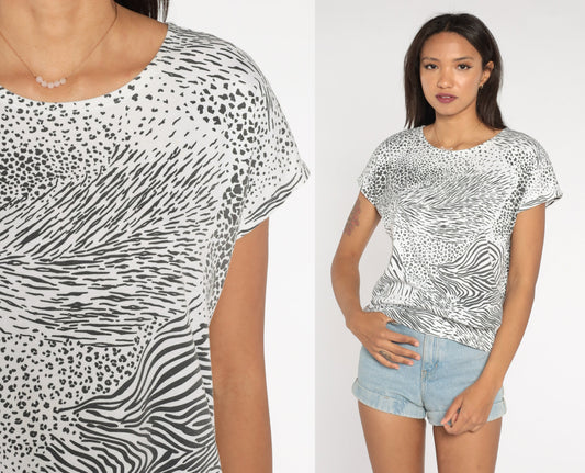 90s Animal Print T-Shirt Leopard Tiger Stripe Black White Cap Sleeve Large L