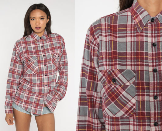 90s Red Grey Plaid Flannel Shirt Button Up Long Sleeve Medium