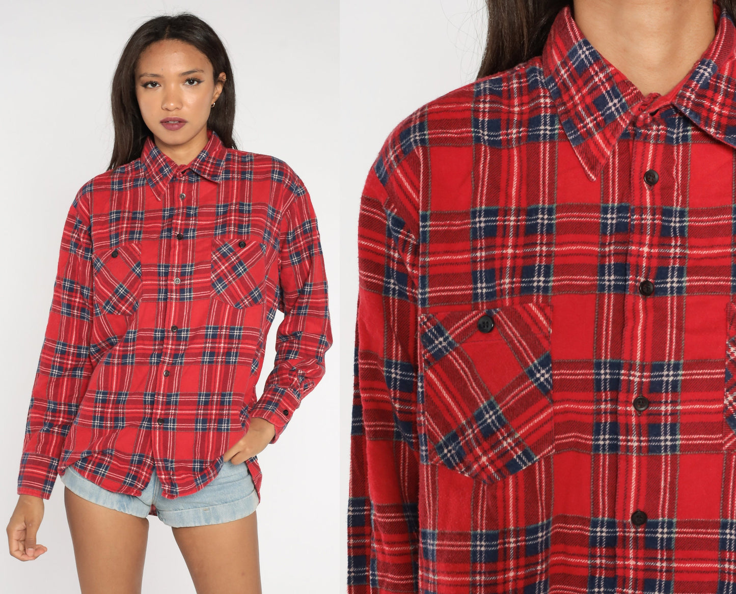90s Red Navy Plaid Flannel Shirt Cotton Button Up Large