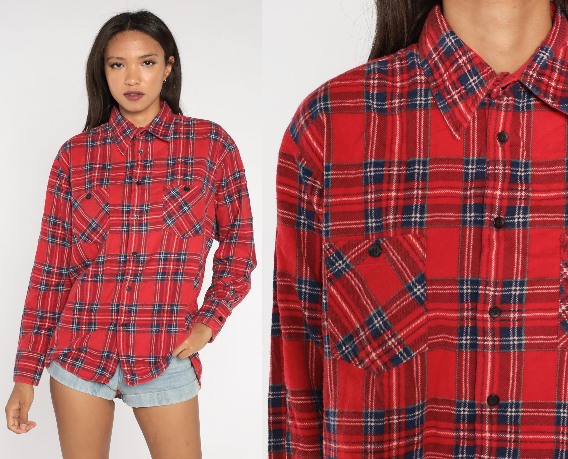 90s Red Navy Plaid Flannel Shirt Cotton Button Up Large